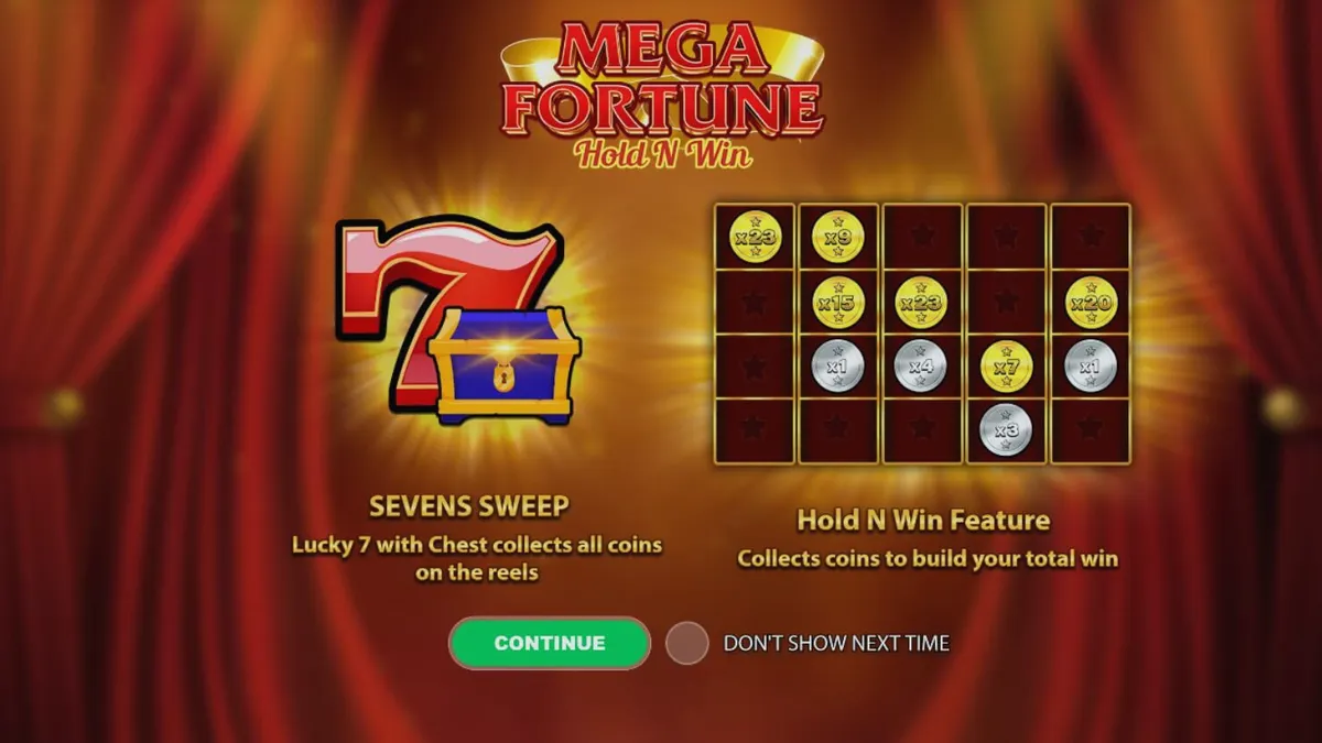 Interface do jogo Mega Fortune Hold ‘n’ Win em um smartphone